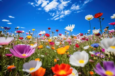Vibrant Wildflower Meadow Under A Bright Blue Sky