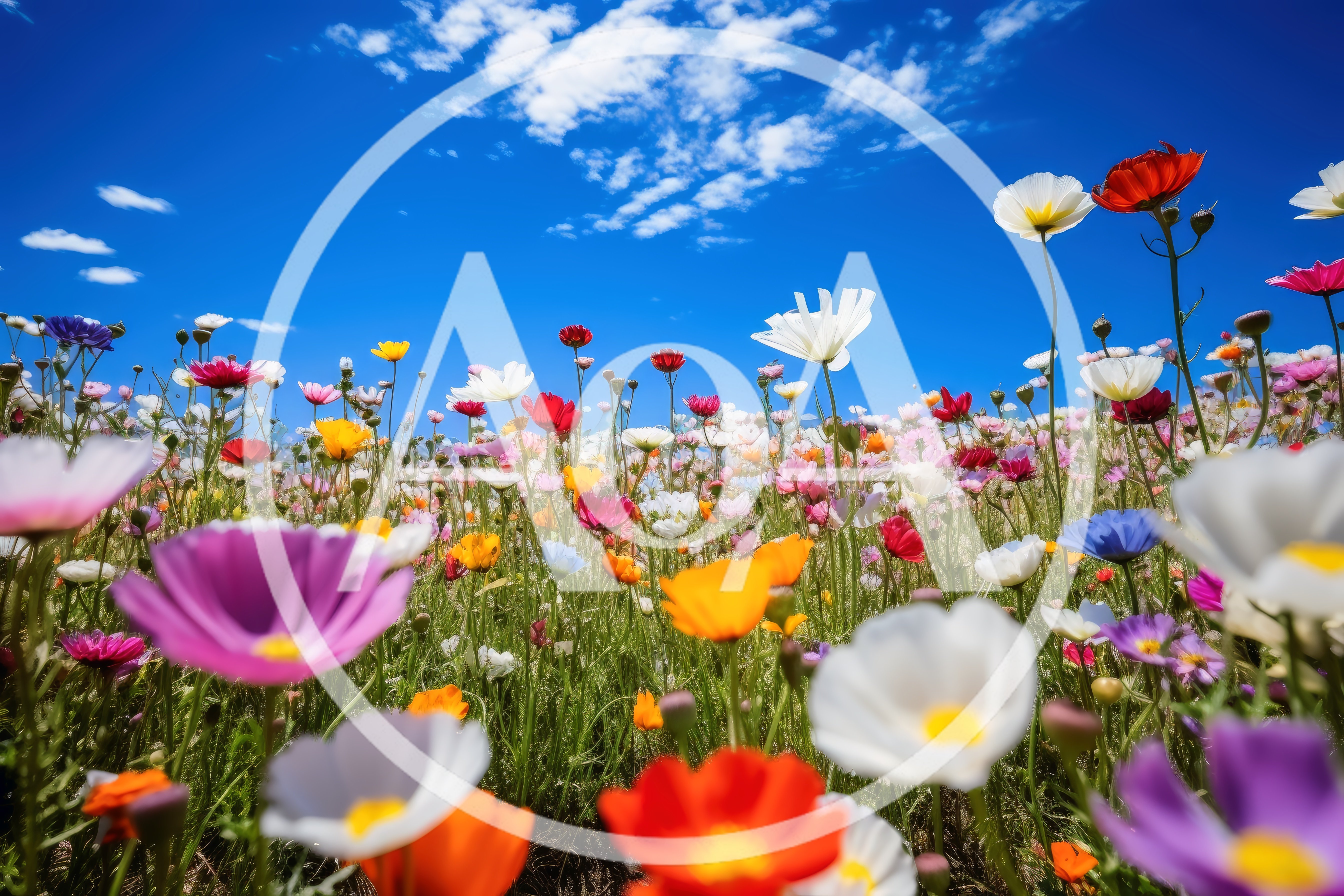 Vibrant Wildflower Meadow Under A Bright Blue Sky
