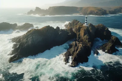 Aerial View Of Lighthouse On Rugged Coastal Rock