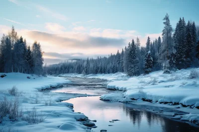 Winter Landscape With Frozen River And Snowy Forest