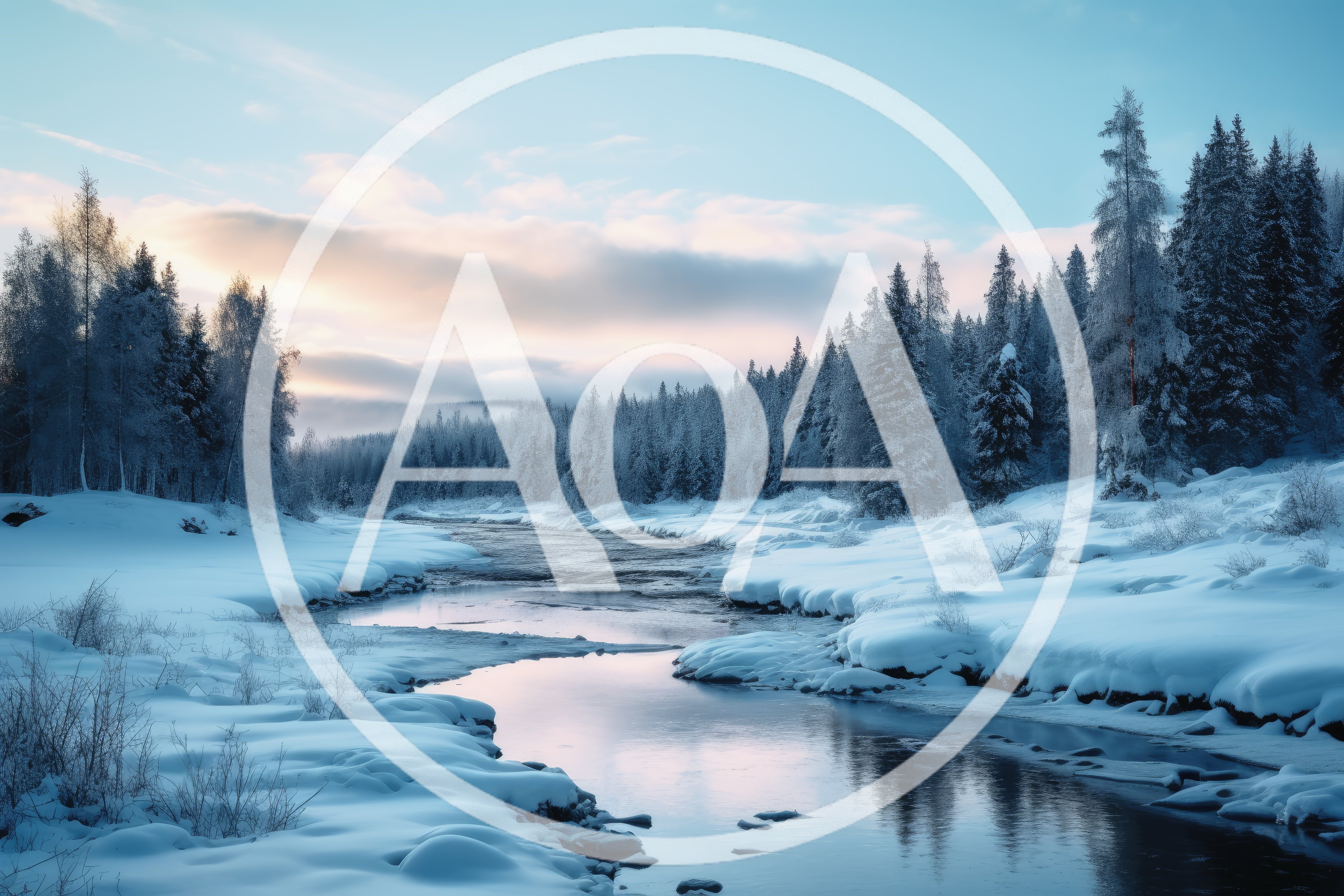 Winter Landscape With Frozen River And Snowy Forest
