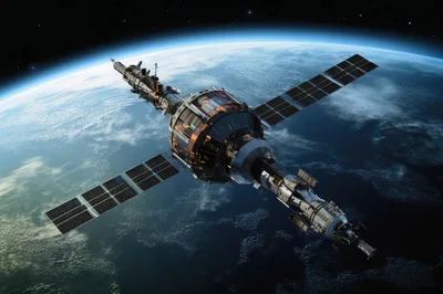 Space Station Orbiting Above Earth In Deep Space