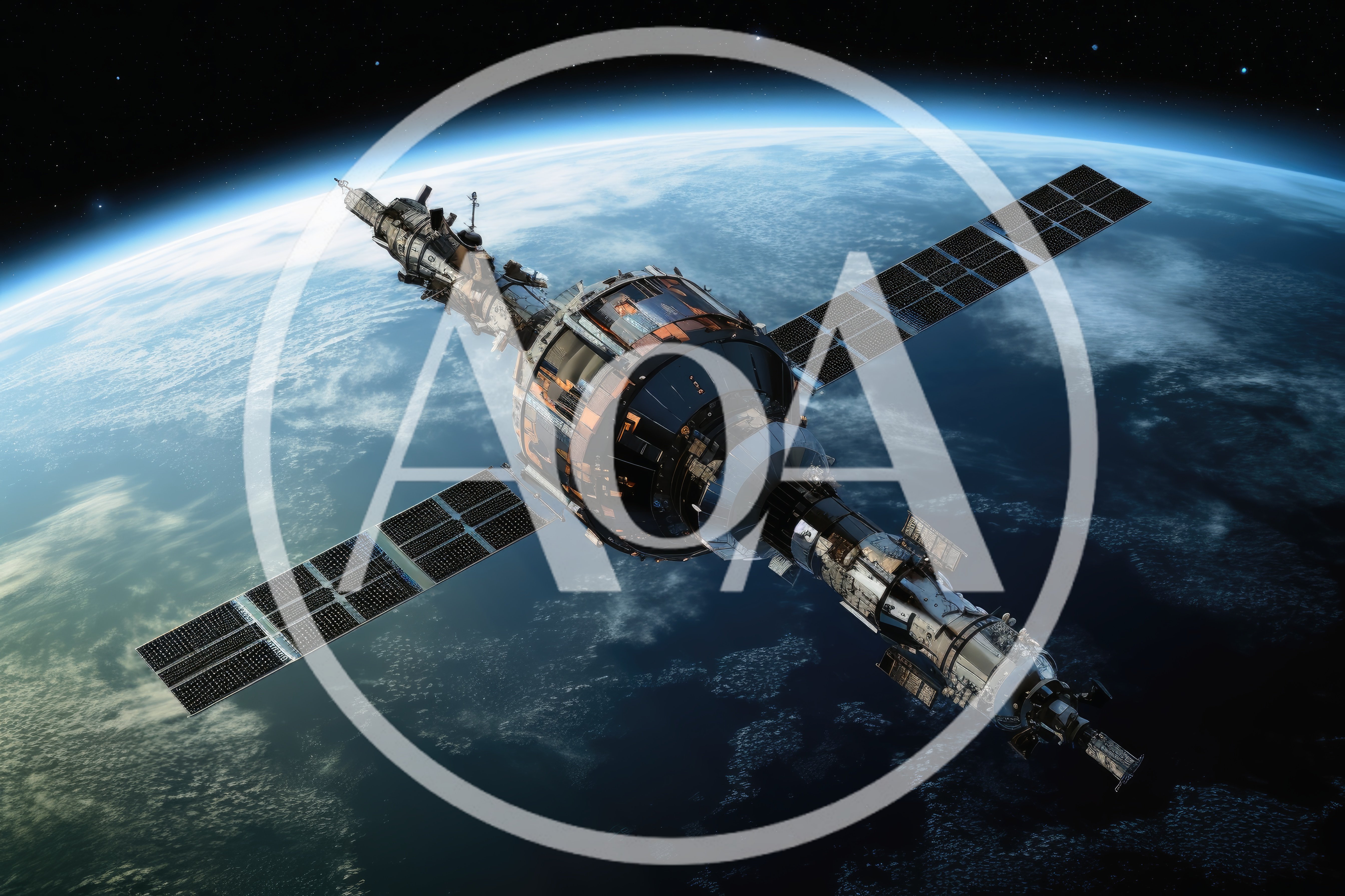 Space Station Orbiting Above Earth In Deep Space
