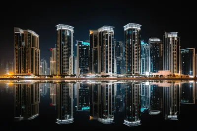 Modern Skyscrapers Reflecting In Calm Waterfront At Night