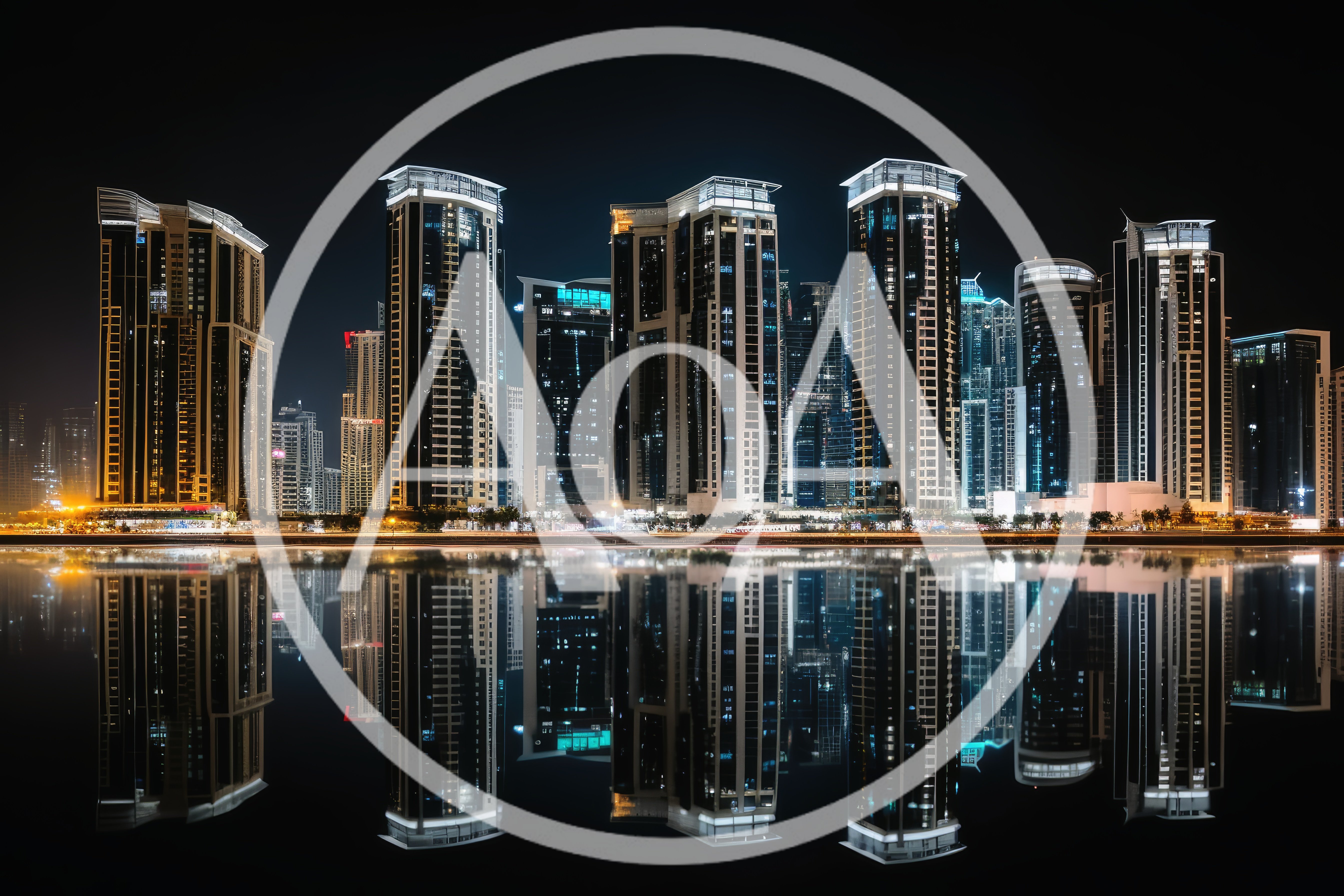 Modern Skyscrapers Reflecting In Calm Waterfront At Night