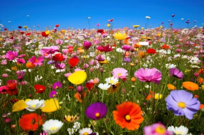 Vibrant Wildflower Meadow Under Clear Blue Sky