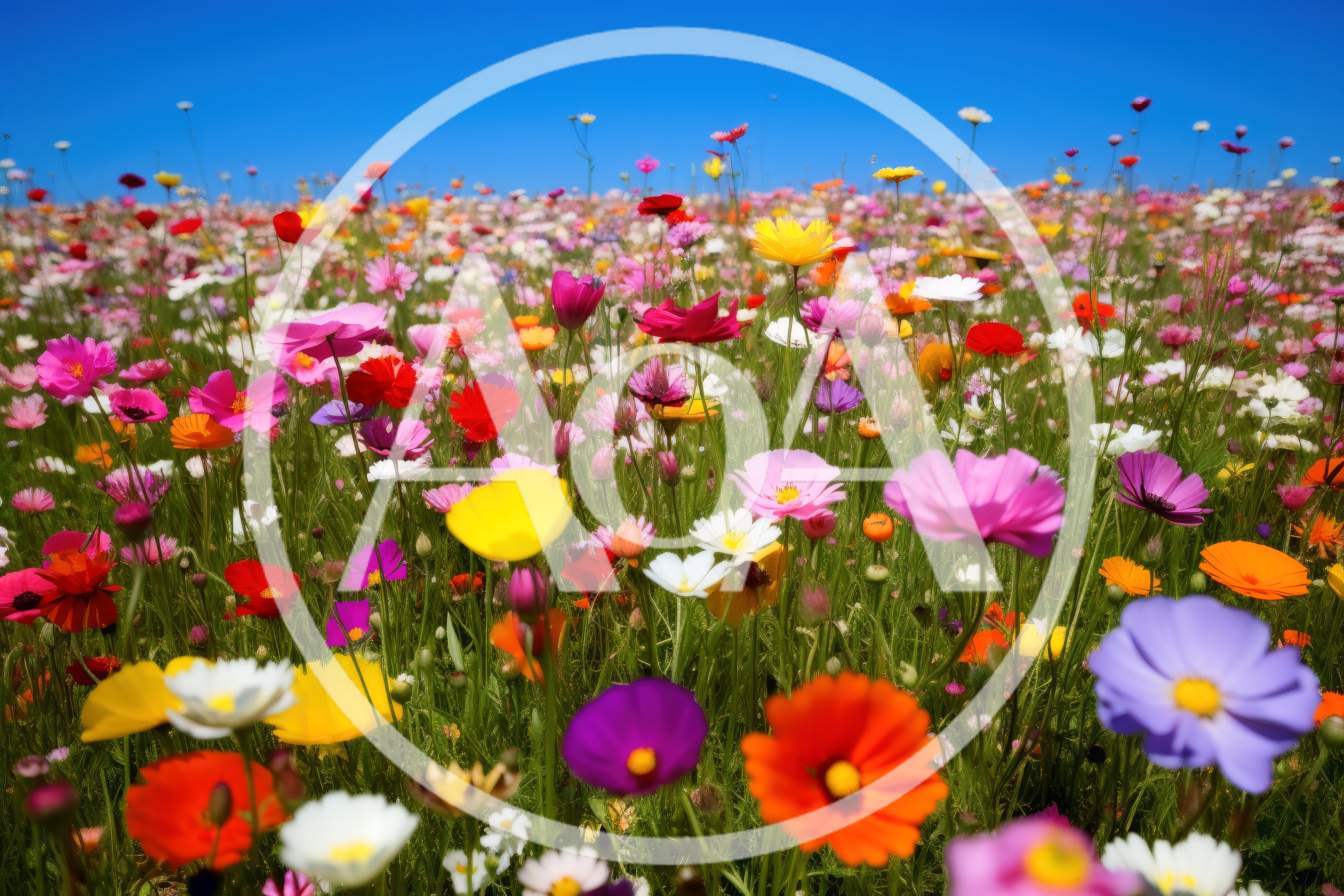 Vibrant Wildflower Meadow Under Clear Blue Sky