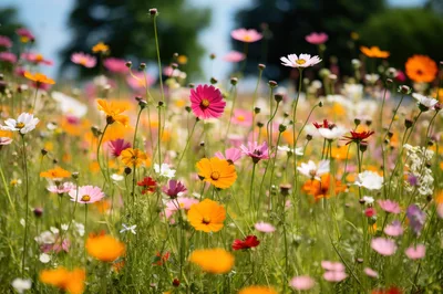 Vibrant Wildflower Meadow With Colorful Cosmos Flowers