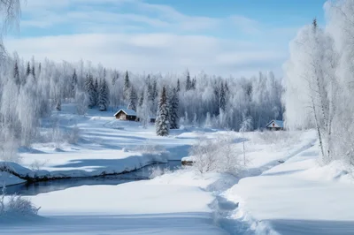 Winter Landscape With Frozen River And Wooden Cabins