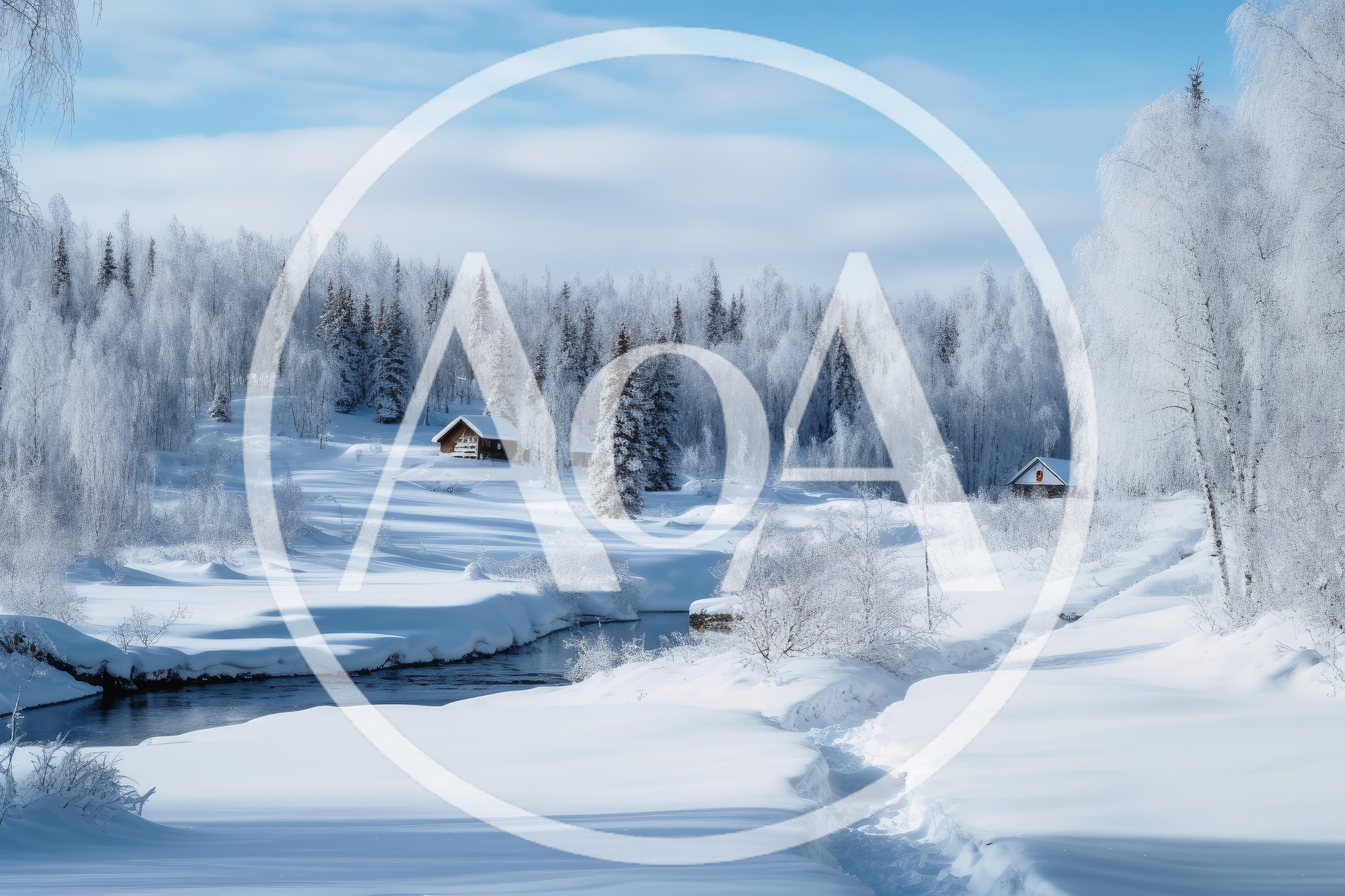 Winter Landscape With Frozen River And Wooden Cabins