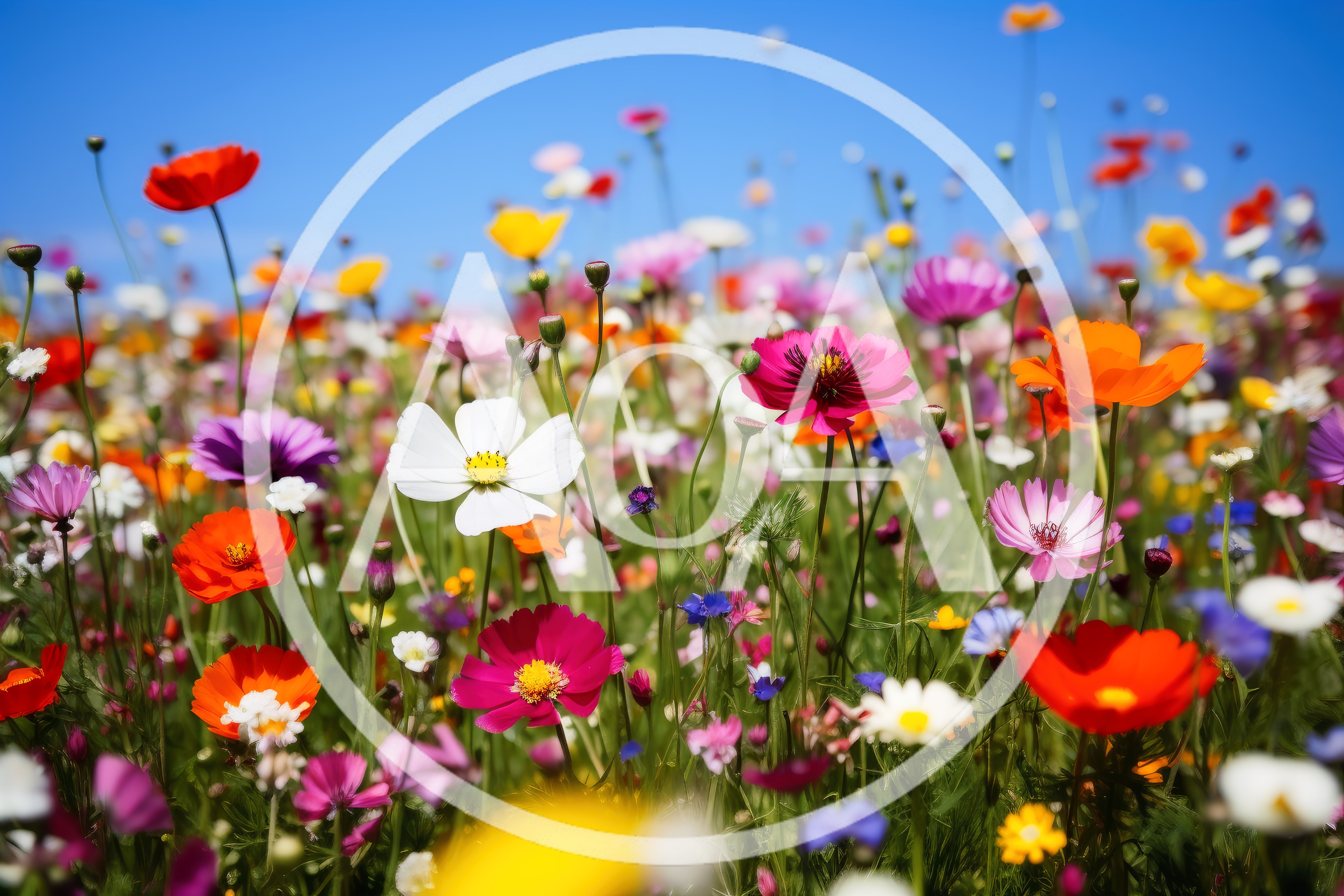 Vibrant Wildflower Meadow Under Clear Blue Sky