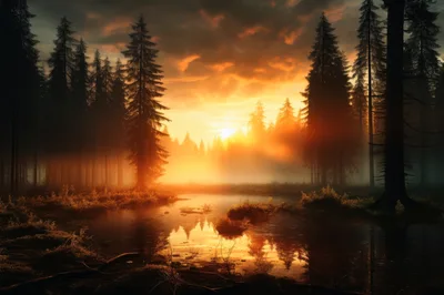 Golden Sunset Over A Misty Forest Lake