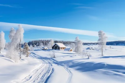 Snow Covered Wooden Cabins in a Winter Landscape