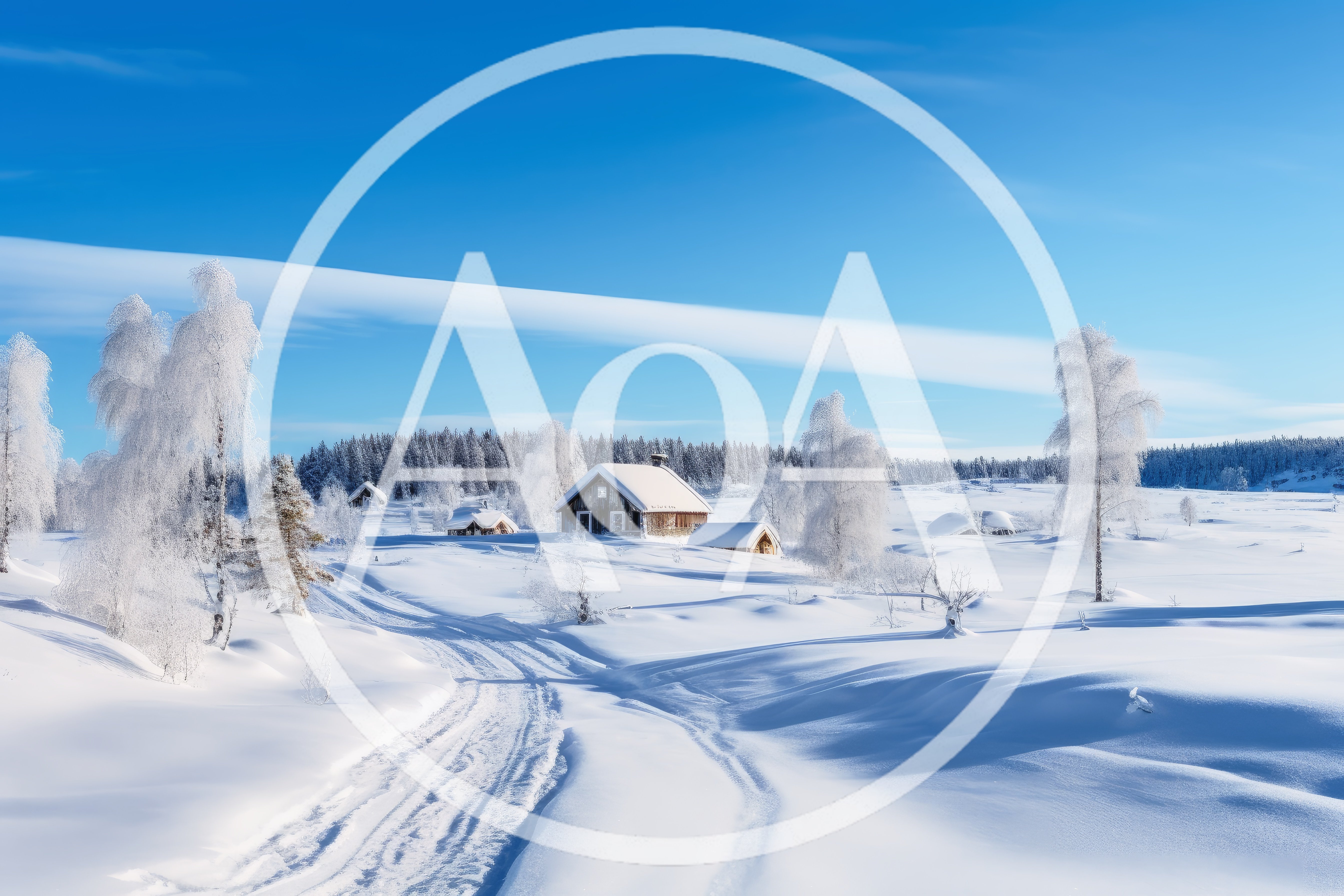 Snow Covered Wooden Cabins in a Winter Landscape