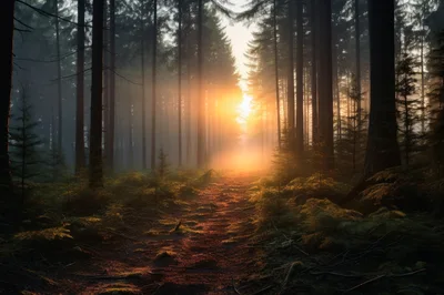 Golden Sunlight Streaming Through A Misty Forest Path