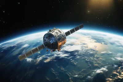 Satellite Orbiting Above Earth In Outer Space