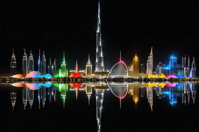 Illuminated Dubai Skyline With Vibrant Architectural Reflections