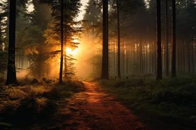 Golden Sunlight Streaming Through A Misty Forest Path