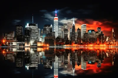 New York City Skyline Night Reflection