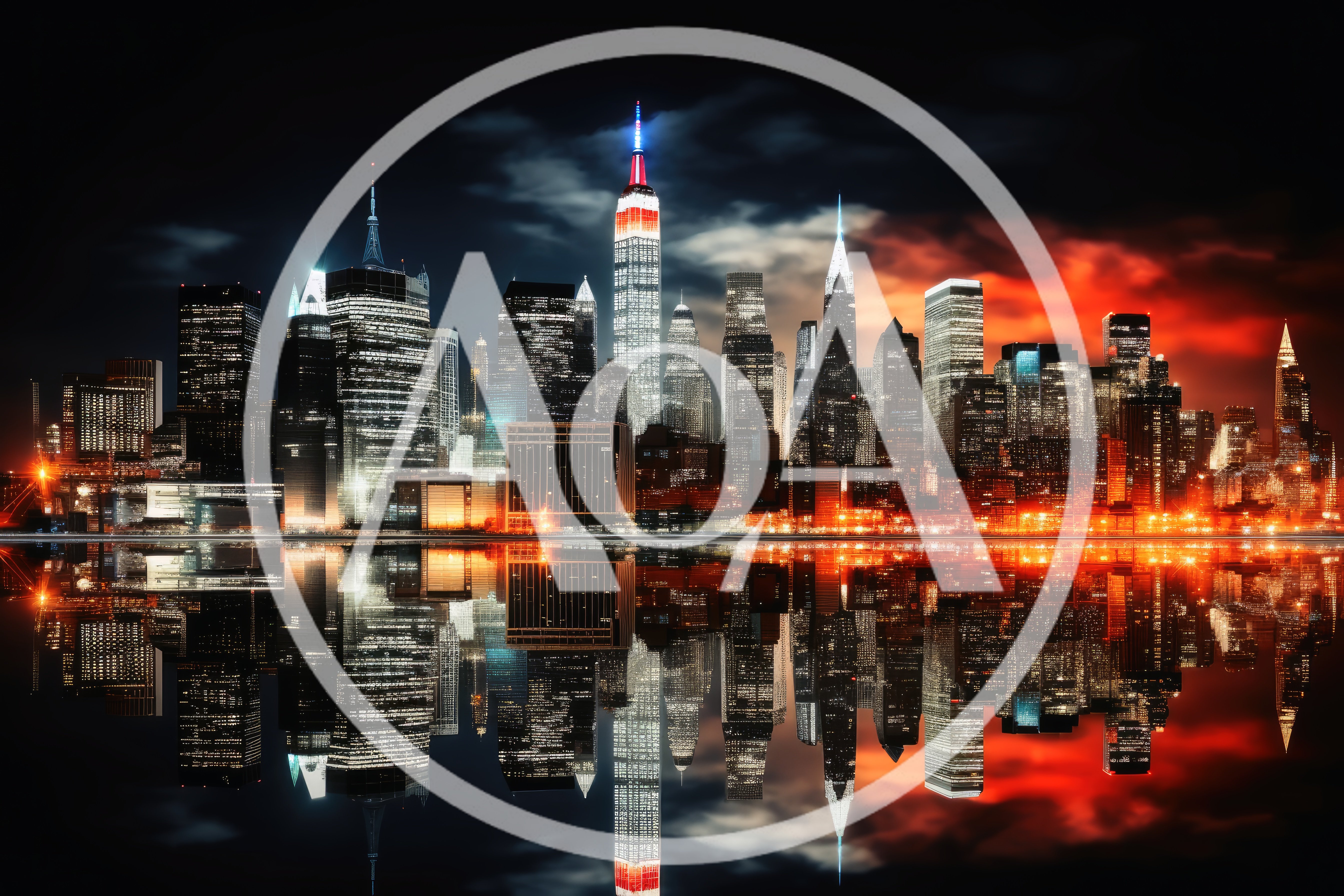 New York City Skyline Night Reflection