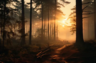 Golden Hour Sunlight Streaming Through Misty Pine Forest