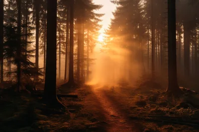Golden Sunlight Streaming Through A Misty Forest Path
