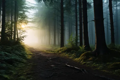 Sunlight Piercing Through Foggy Forest Path