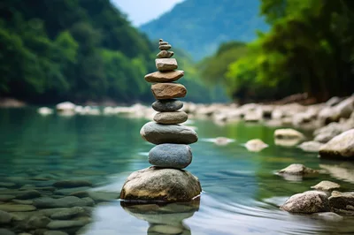 Balanced Stone Stack In A Serene River