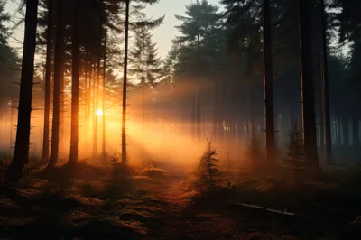Golden Sunbeams Piercing Through Misty Forest Trees