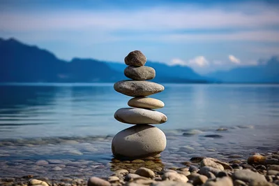 Balanced Stone Stack On A Calm Lake Shore