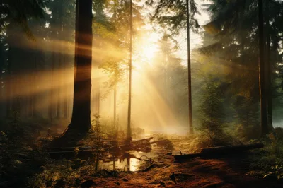 Golden Sunbeams Piercing Through Misty Forest Trees