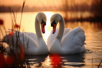 Two Mute Swans Forming A Heart Shape At Sunset