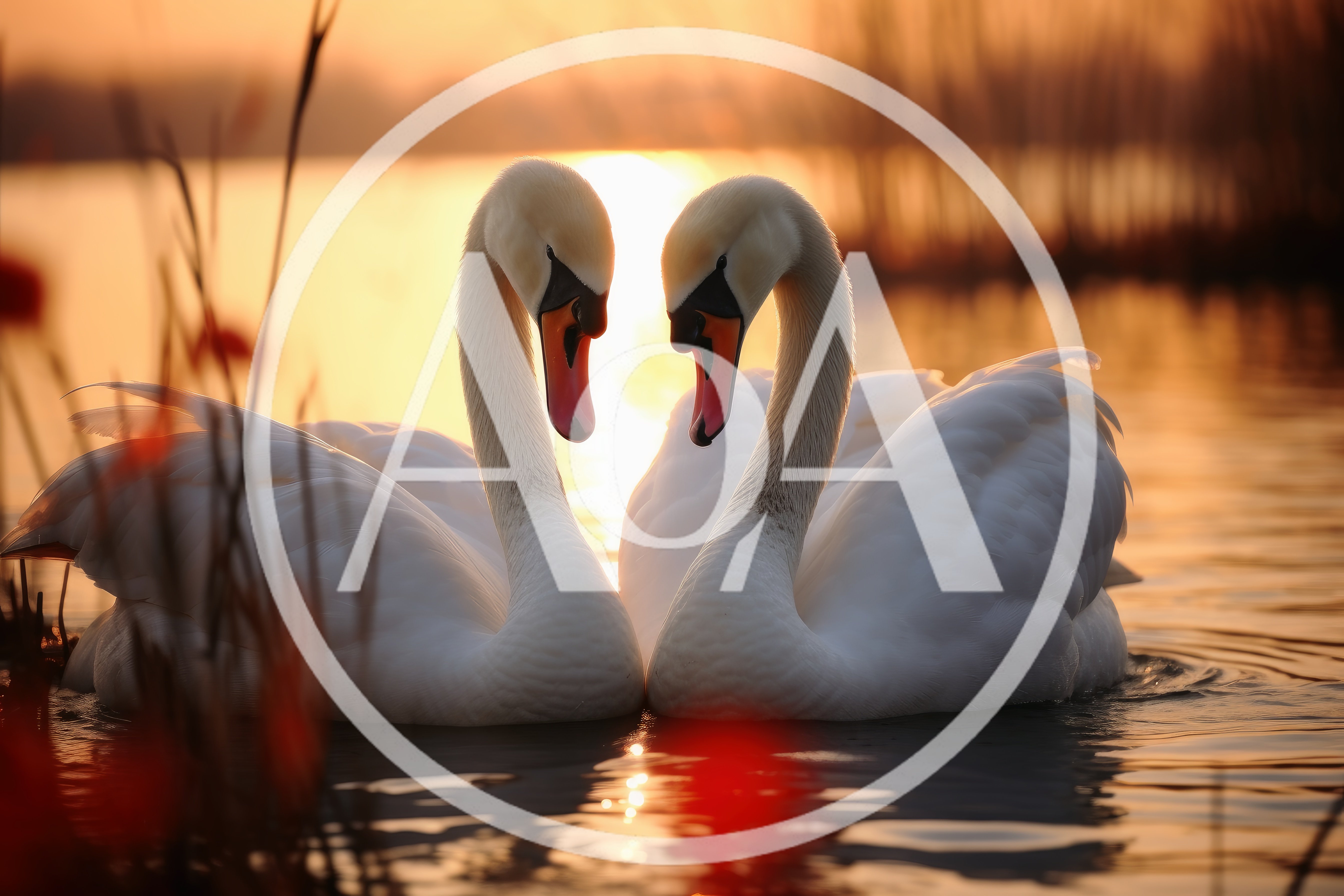 Two Mute Swans Forming A Heart Shape At Sunset