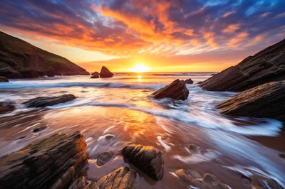 Dramatic Sunset Over Rocky Coastal Beach