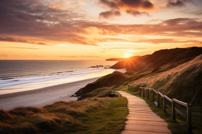 Scenic Coastal Boardwalk Overlooking Sandy Beach At Sunset