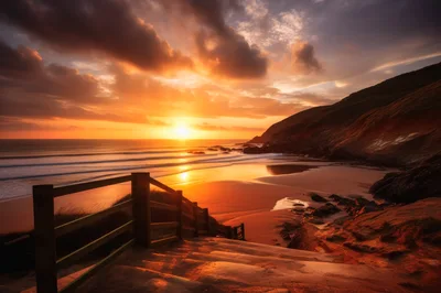 Wooden Staircase Leading To A Golden Sunset Beach