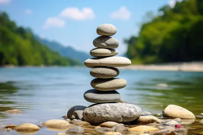 Balanced Stone Stack On A River Shore