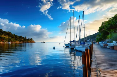 Sailboats Moored At A Wooden Pier In A Scenic Bay