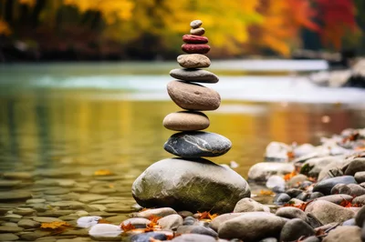 Balanced Stone Stack Beside A Flowing River
