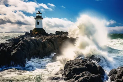 Dramatic Waves Crashing Against Battery Point Lighthouse