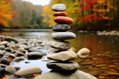 Stacked Stones Balancing On A River Bank