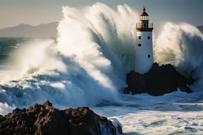 Massive Ocean Wave Crashing Against A Coastal Lighthouse