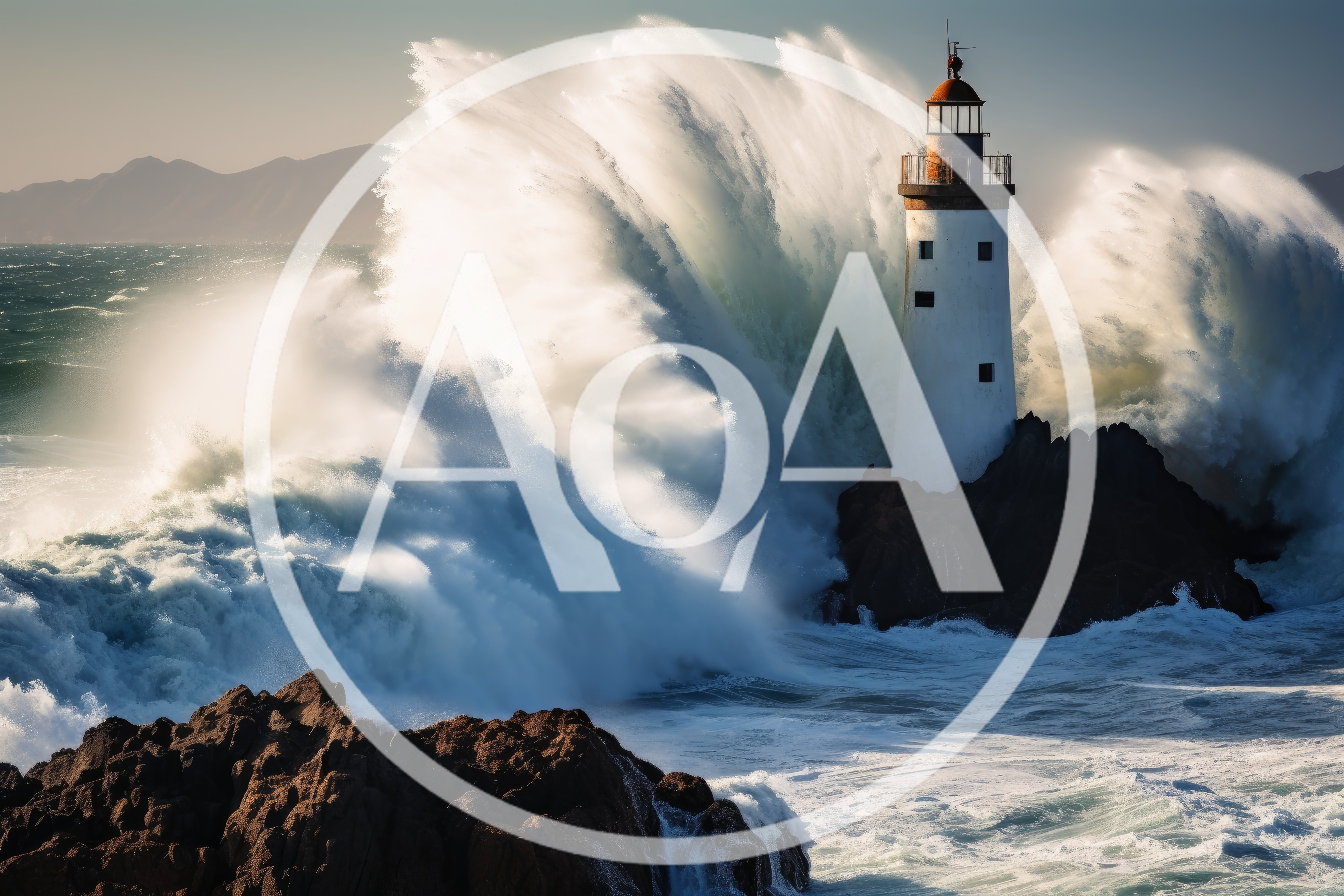 Massive Ocean Wave Crashing Against A Coastal Lighthouse