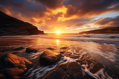 Golden Sunset Over Rocky Coastal Beach