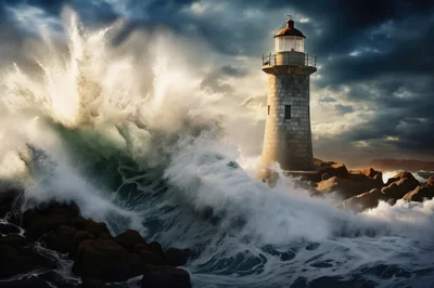 Stone Lighthouse Amidst Crashing Ocean Waves