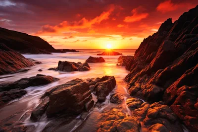Dramatic Sunset Over Rugged Coastal Rocks