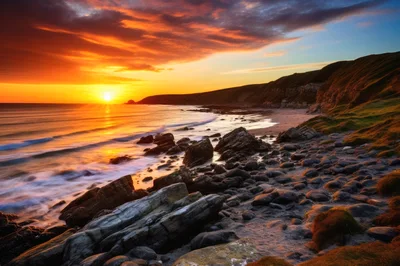 Dramatic Sunset Over Rocky Coastal Beach Landscape