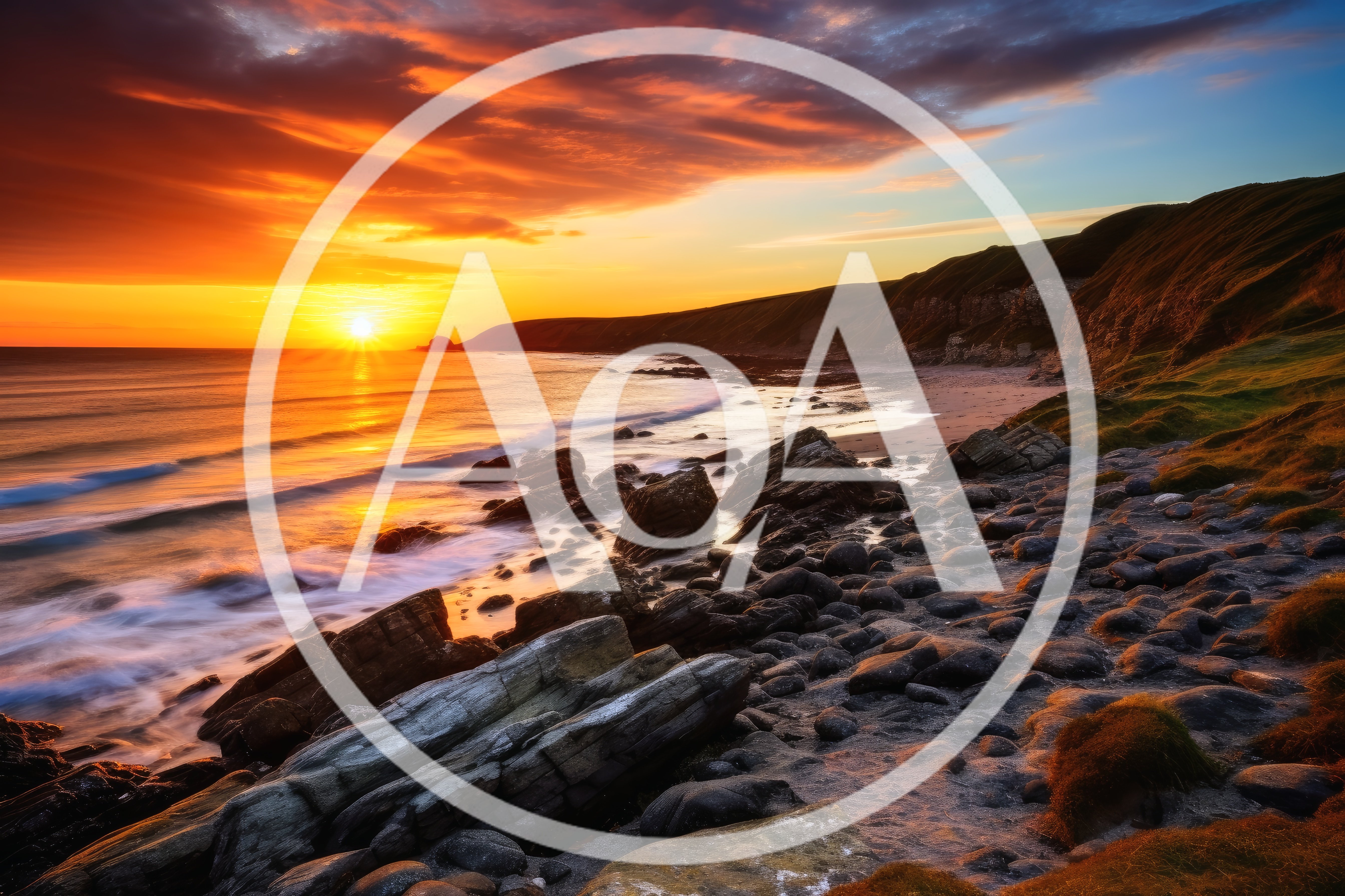 Dramatic Sunset Over Rocky Coastal Beach Landscape