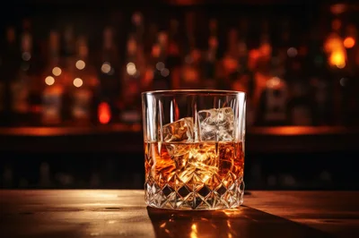 Glass Of Whiskey With Ice On A Bar Counter