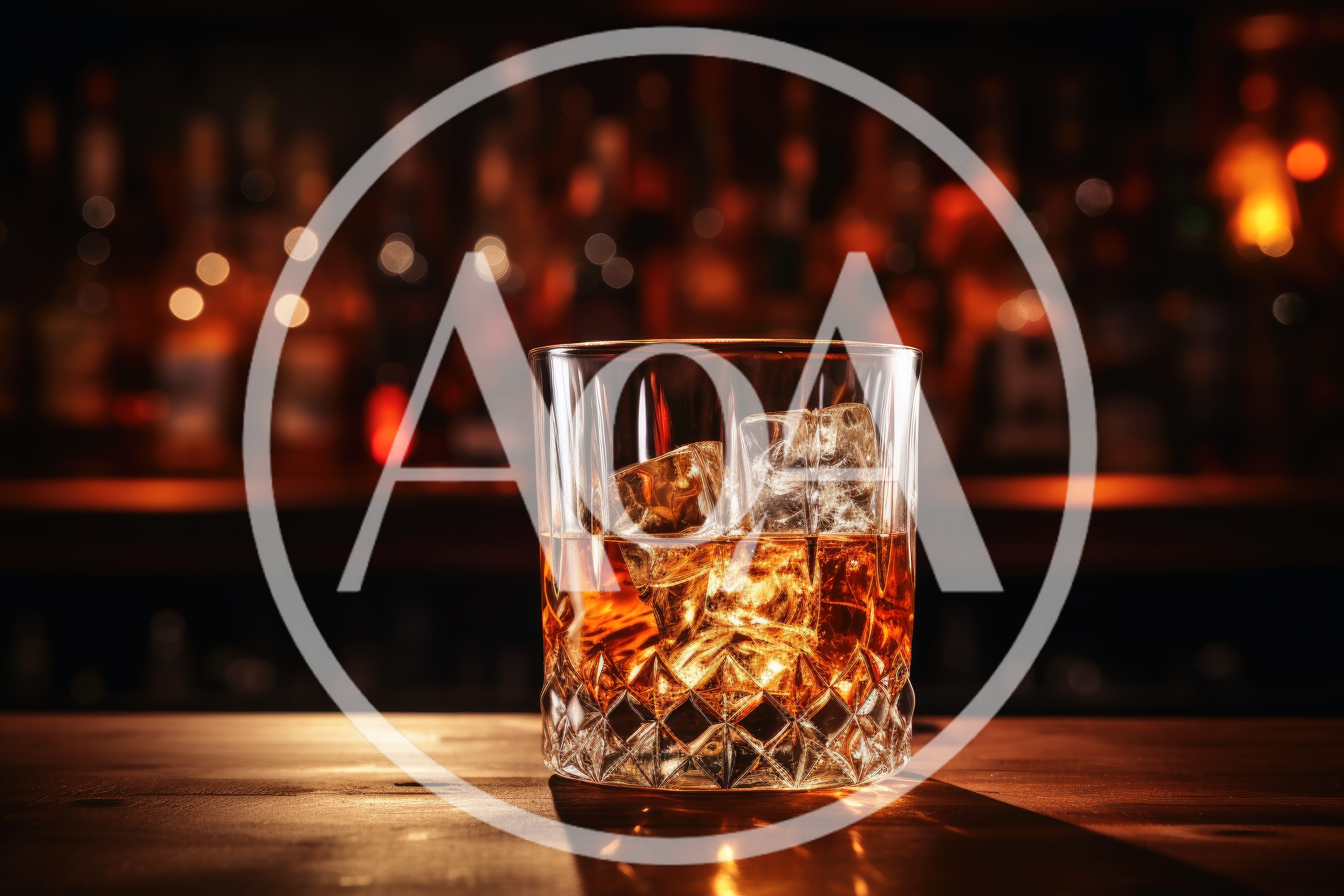 Glass Of Whiskey With Ice On A Bar Counter